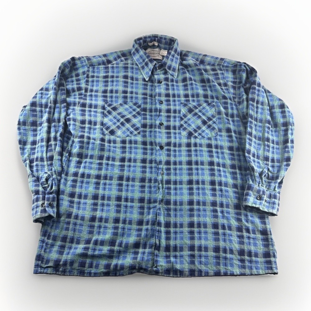Vintage Saugatuck Dry Goods Flannel Shirt Mens L Blue Plaid Long Sleeve Outdoors